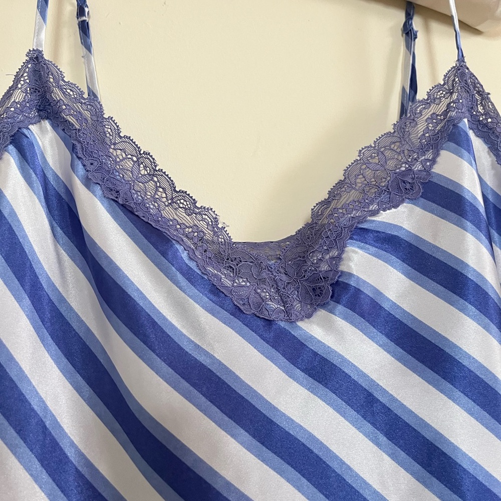 Secret Treasures Blue and White babydoll satin retro Striped with Purple Lace - Picture 3 of 9